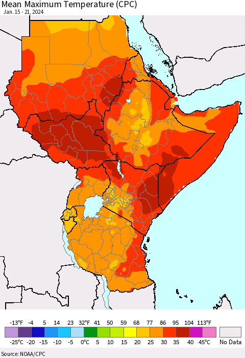 Eastern Africa Mean Maximum Temperature (CPC) Thematic Map For 1/15/2024 - 1/21/2024