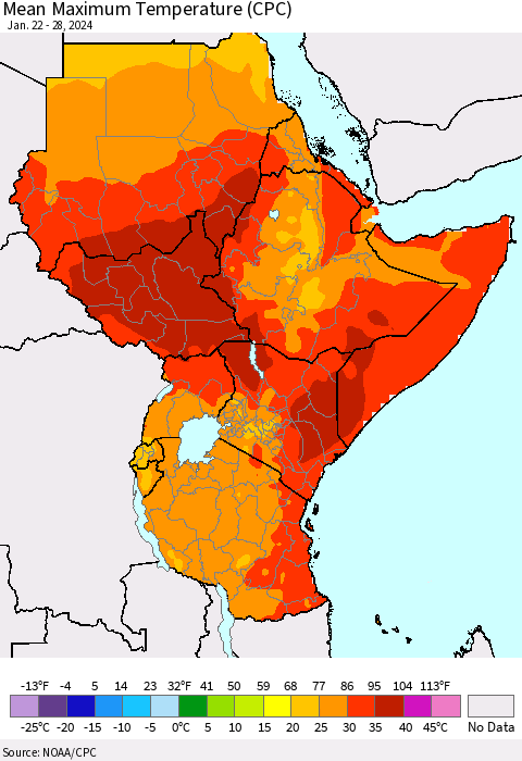 Eastern Africa Mean Maximum Temperature (CPC) Thematic Map For 1/22/2024 - 1/28/2024