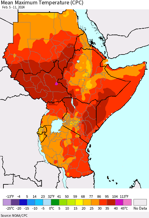 Eastern Africa Mean Maximum Temperature (CPC) Thematic Map For 2/5/2024 - 2/11/2024