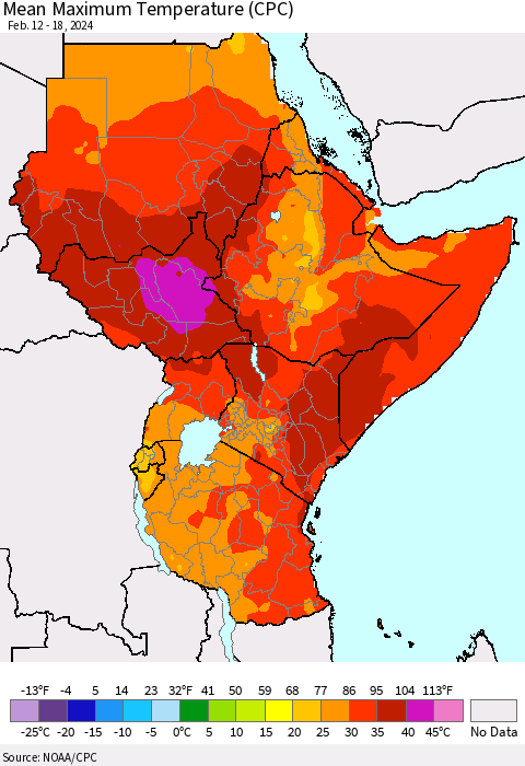 Eastern Africa Mean Maximum Temperature (CPC) Thematic Map For 2/12/2024 - 2/18/2024