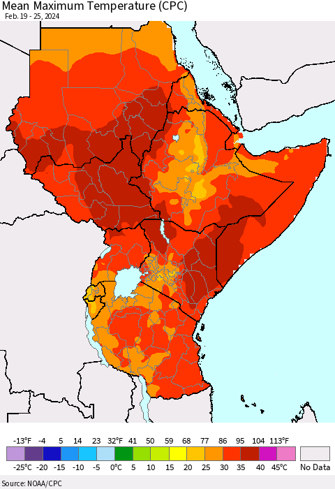 Eastern Africa Mean Maximum Temperature (CPC) Thematic Map For 2/19/2024 - 2/25/2024