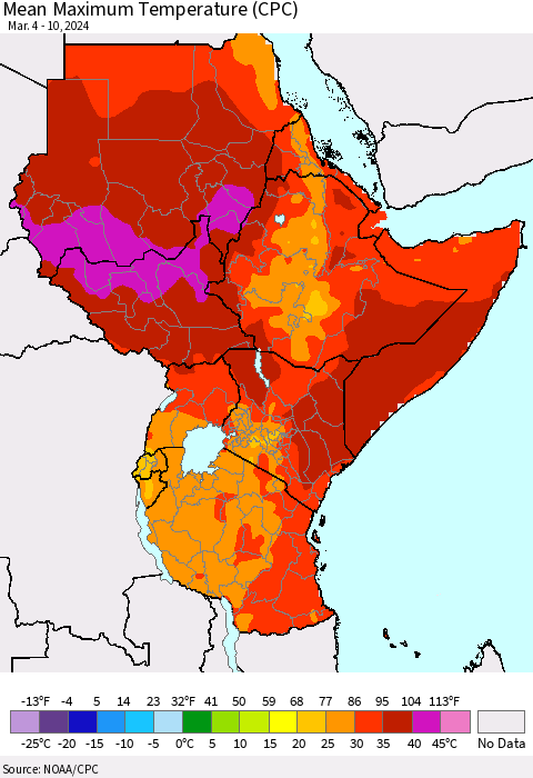 Eastern Africa Mean Maximum Temperature (CPC) Thematic Map For 3/4/2024 - 3/10/2024