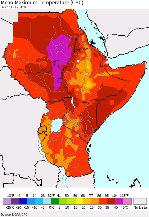 Eastern Africa Mean Maximum Temperature (CPC) Thematic Map For 3/11/2024 - 3/17/2024