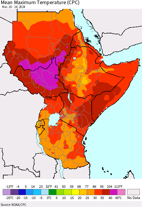 Eastern Africa Mean Maximum Temperature (CPC) Thematic Map For 3/18/2024 - 3/24/2024