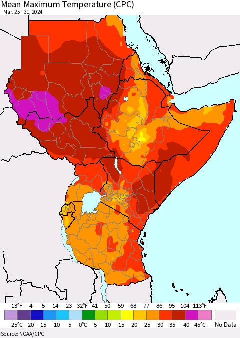 Eastern Africa Mean Maximum Temperature (CPC) Thematic Map For 3/25/2024 - 3/31/2024