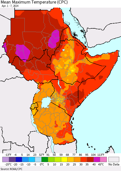 Eastern Africa Mean Maximum Temperature (CPC) Thematic Map For 4/1/2024 - 4/7/2024