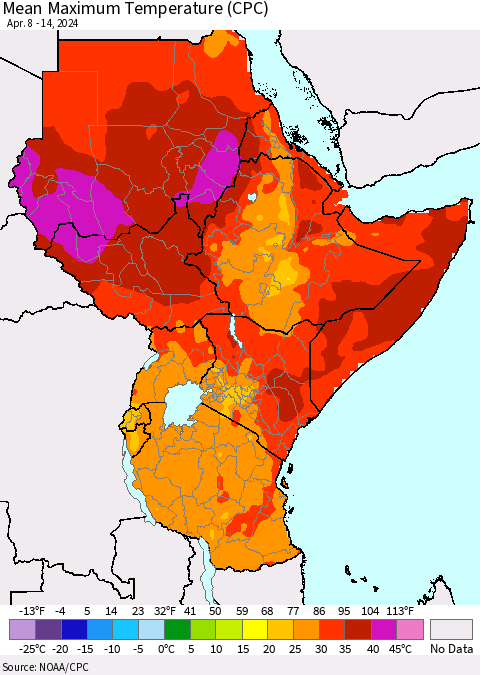 Eastern Africa Mean Maximum Temperature (CPC) Thematic Map For 4/8/2024 - 4/14/2024