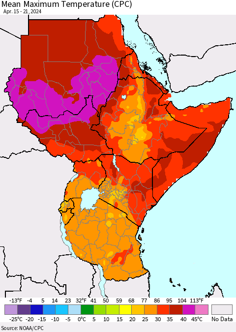 Eastern Africa Mean Maximum Temperature (CPC) Thematic Map For 4/15/2024 - 4/21/2024