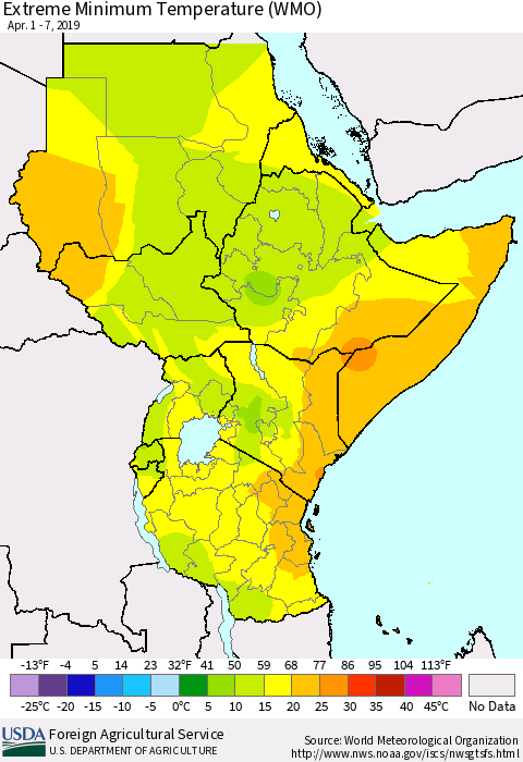 Eastern Africa Minimum Daily Temperature (WMO) Thematic Map For 4/1/2019 - 4/7/2019