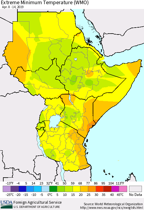 Eastern Africa Minimum Daily Temperature (WMO) Thematic Map For 4/8/2019 - 4/14/2019