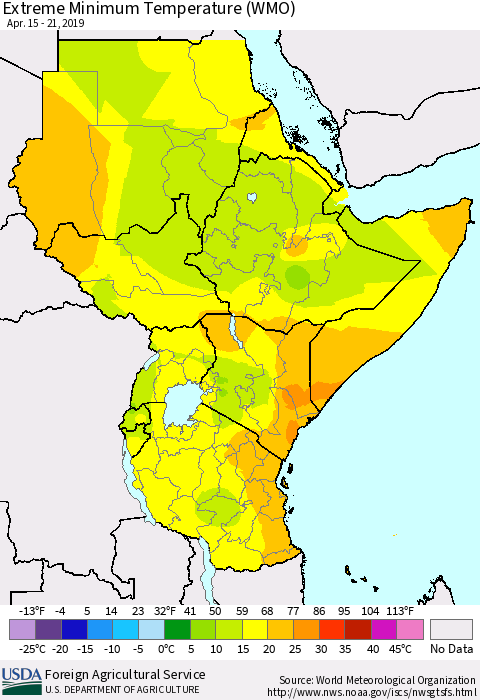 Eastern Africa Minimum Daily Temperature (WMO) Thematic Map For 4/15/2019 - 4/21/2019