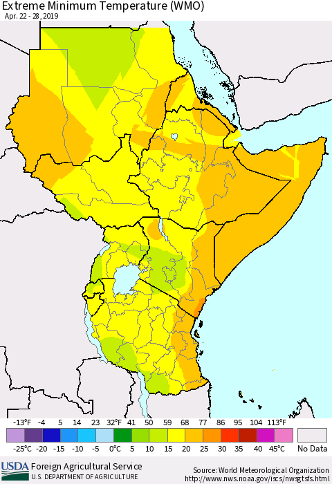 Eastern Africa Minimum Daily Temperature (WMO) Thematic Map For 4/22/2019 - 4/28/2019
