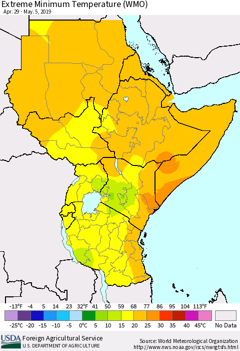 Eastern Africa Minimum Daily Temperature (WMO) Thematic Map For 4/29/2019 - 5/5/2019