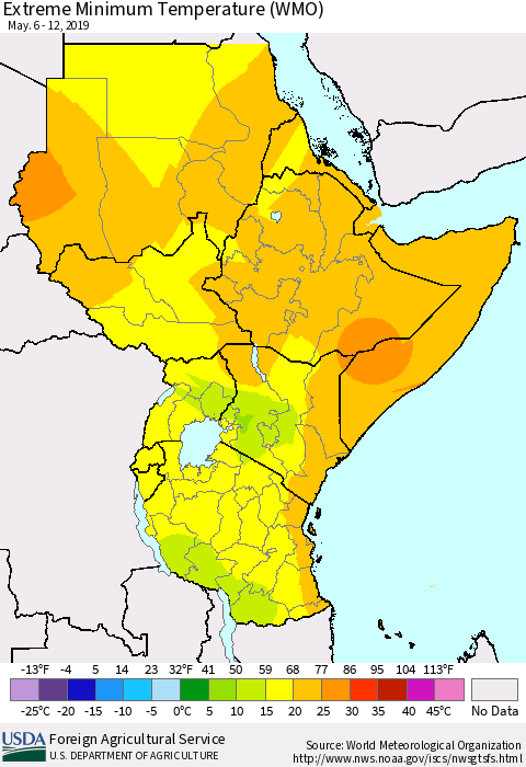 Eastern Africa Minimum Daily Temperature (WMO) Thematic Map For 5/6/2019 - 5/12/2019