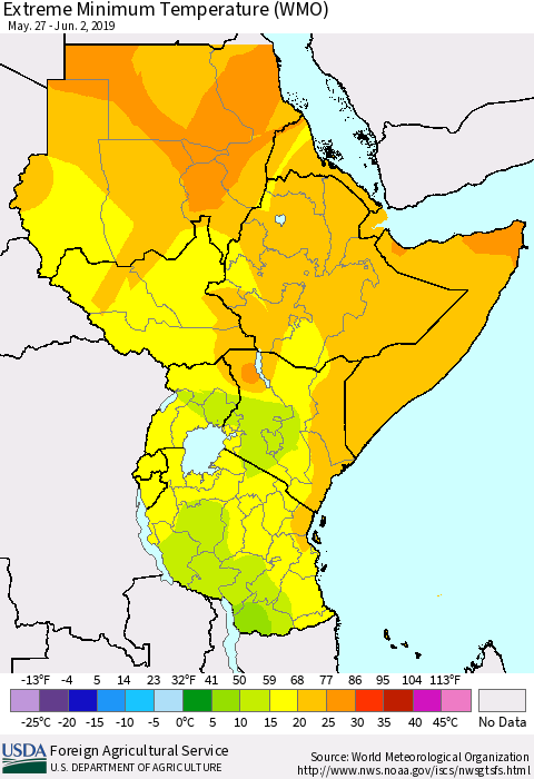 Eastern Africa Minimum Daily Temperature (WMO) Thematic Map For 5/27/2019 - 6/2/2019