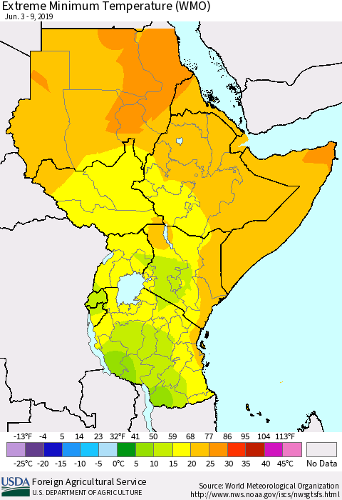 Eastern Africa Minimum Daily Temperature (WMO) Thematic Map For 6/3/2019 - 6/9/2019