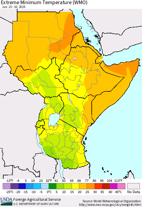 Eastern Africa Minimum Daily Temperature (WMO) Thematic Map For 6/10/2019 - 6/16/2019