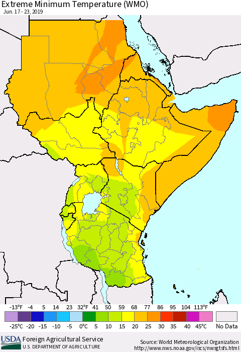 Eastern Africa Minimum Daily Temperature (WMO) Thematic Map For 6/17/2019 - 6/23/2019