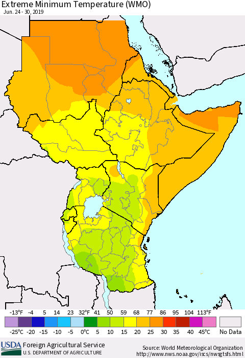 Eastern Africa Minimum Daily Temperature (WMO) Thematic Map For 6/24/2019 - 6/30/2019