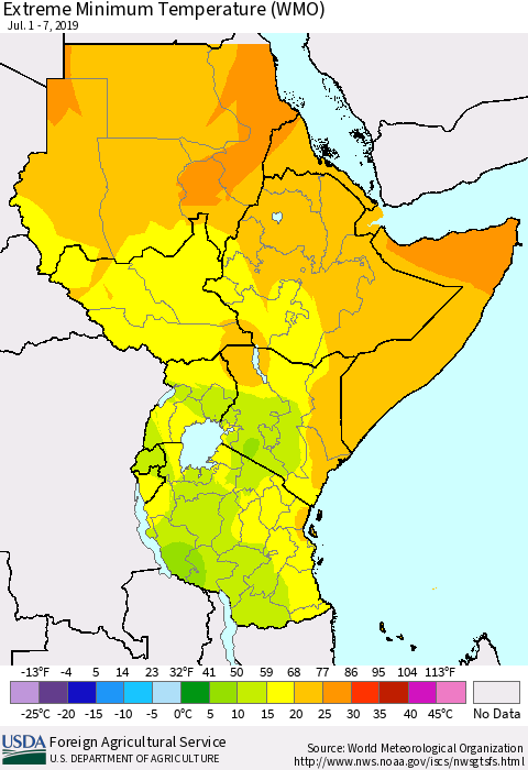Eastern Africa Minimum Daily Temperature (WMO) Thematic Map For 7/1/2019 - 7/7/2019