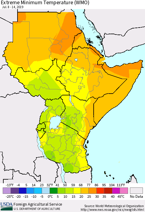 Eastern Africa Minimum Daily Temperature (WMO) Thematic Map For 7/8/2019 - 7/14/2019
