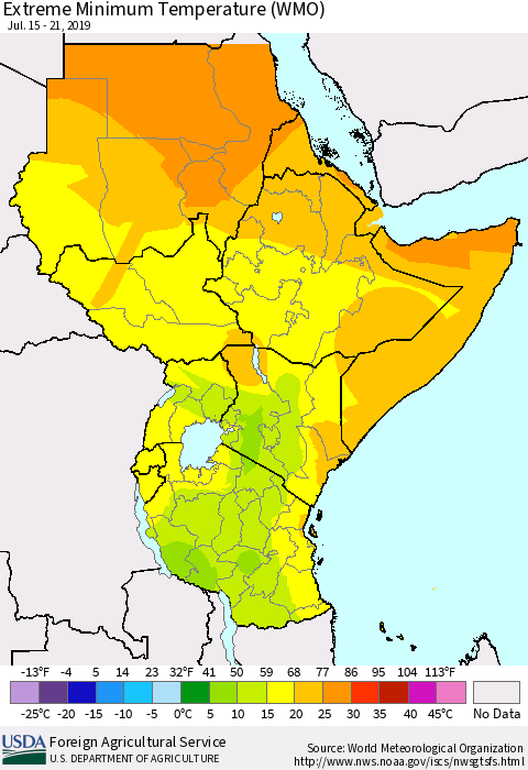 Eastern Africa Minimum Daily Temperature (WMO) Thematic Map For 7/15/2019 - 7/21/2019