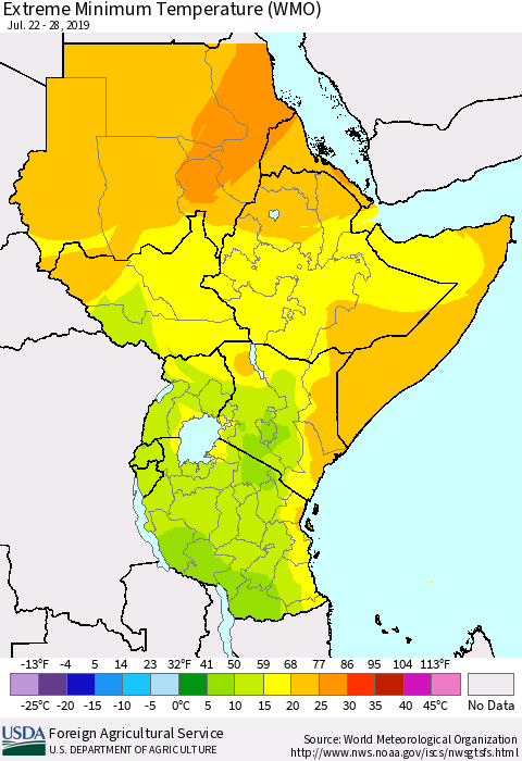 Eastern Africa Minimum Daily Temperature (WMO) Thematic Map For 7/22/2019 - 7/28/2019