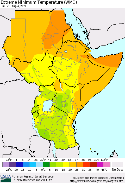Eastern Africa Minimum Daily Temperature (WMO) Thematic Map For 7/29/2019 - 8/4/2019