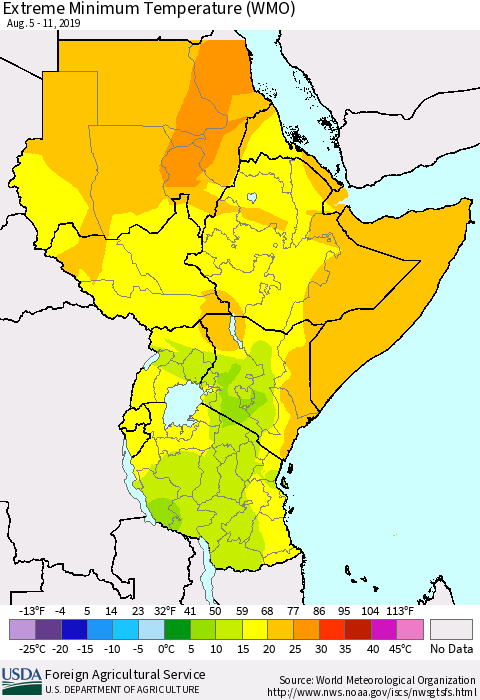 Eastern Africa Minimum Daily Temperature (WMO) Thematic Map For 8/5/2019 - 8/11/2019