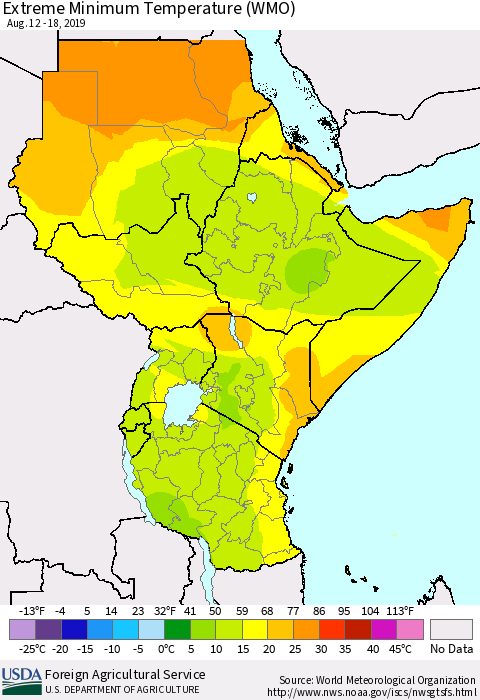 Eastern Africa Minimum Daily Temperature (WMO) Thematic Map For 8/12/2019 - 8/18/2019