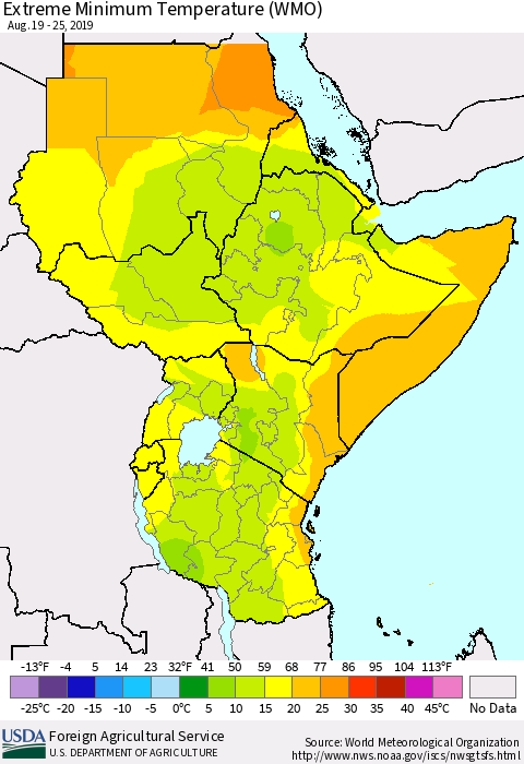 Eastern Africa Minimum Daily Temperature (WMO) Thematic Map For 8/19/2019 - 8/25/2019