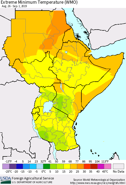 Eastern Africa Minimum Daily Temperature (WMO) Thematic Map For 8/26/2019 - 9/1/2019