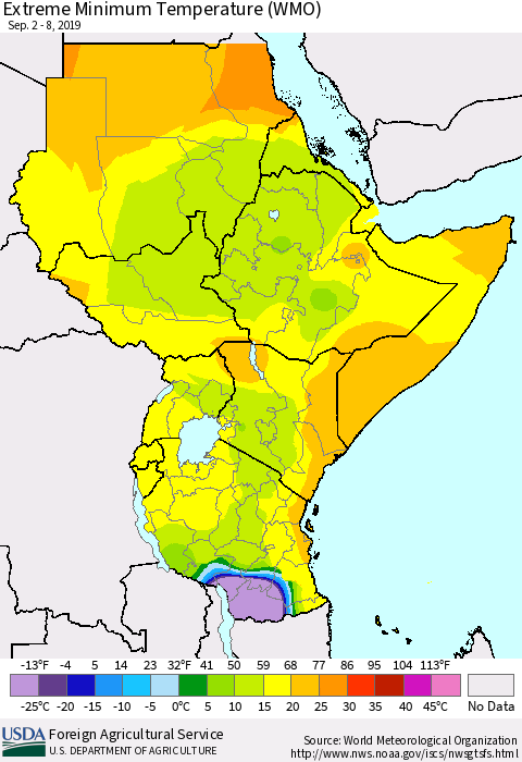 Eastern Africa Minimum Daily Temperature (WMO) Thematic Map For 9/2/2019 - 9/8/2019