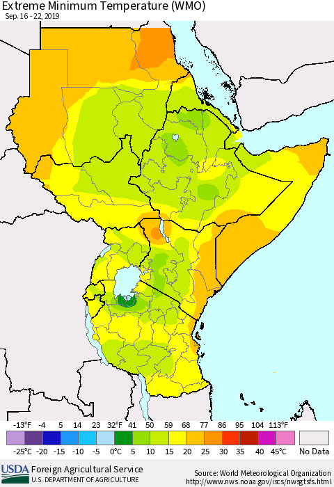 Eastern Africa Minimum Daily Temperature (WMO) Thematic Map For 9/16/2019 - 9/22/2019