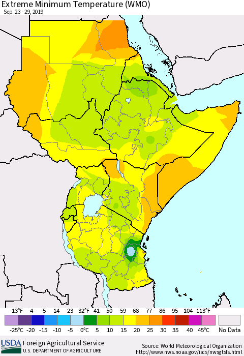 Eastern Africa Minimum Daily Temperature (WMO) Thematic Map For 9/23/2019 - 9/29/2019