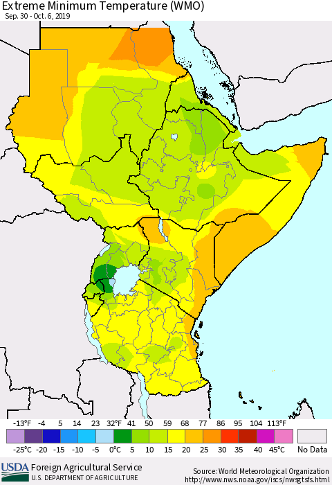 Eastern Africa Minimum Daily Temperature (WMO) Thematic Map For 9/30/2019 - 10/6/2019