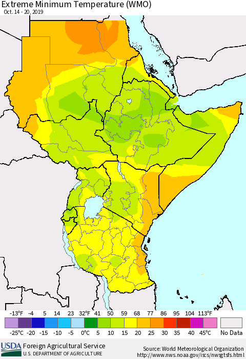 Eastern Africa Minimum Daily Temperature (WMO) Thematic Map For 10/14/2019 - 10/20/2019