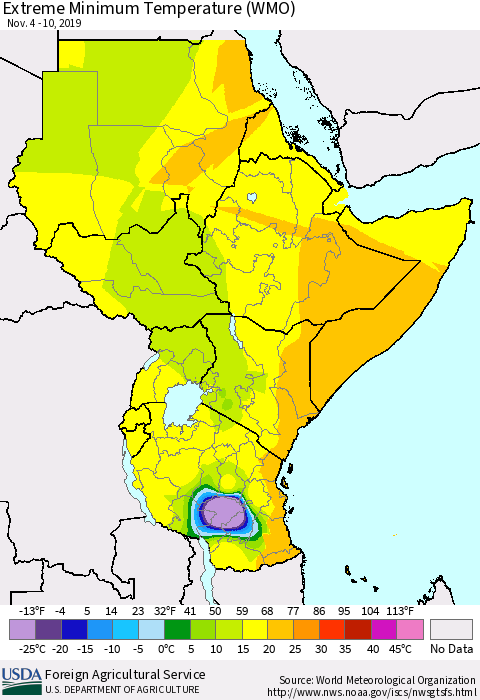 Eastern Africa Minimum Daily Temperature (WMO) Thematic Map For 11/4/2019 - 11/10/2019