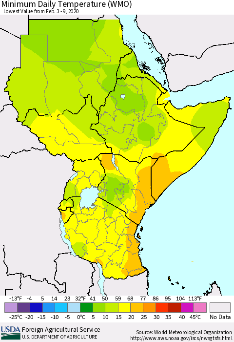 Eastern Africa Minimum Daily Temperature (WMO) Thematic Map For 2/3/2020 - 2/9/2020