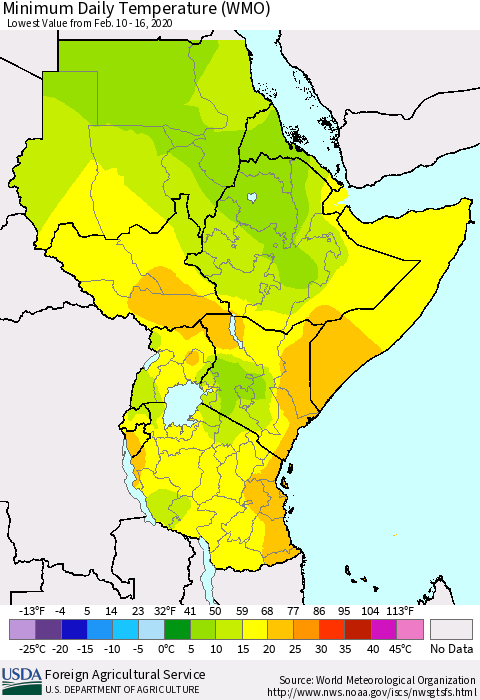 Eastern Africa Minimum Daily Temperature (WMO) Thematic Map For 2/10/2020 - 2/16/2020