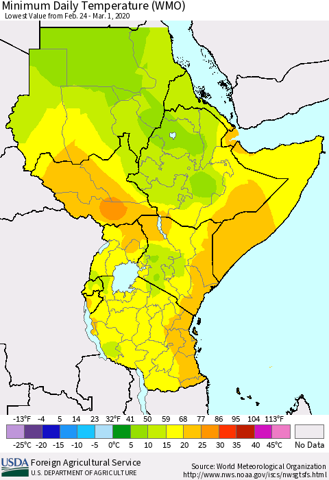 Eastern Africa Minimum Daily Temperature (WMO) Thematic Map For 2/24/2020 - 3/1/2020