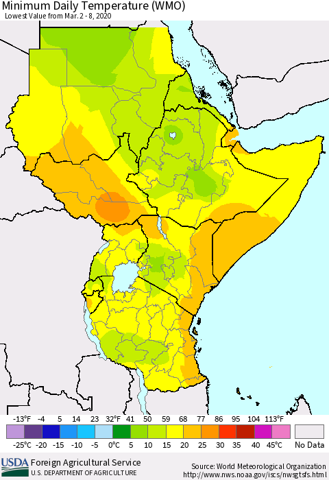 Eastern Africa Minimum Daily Temperature (WMO) Thematic Map For 3/2/2020 - 3/8/2020