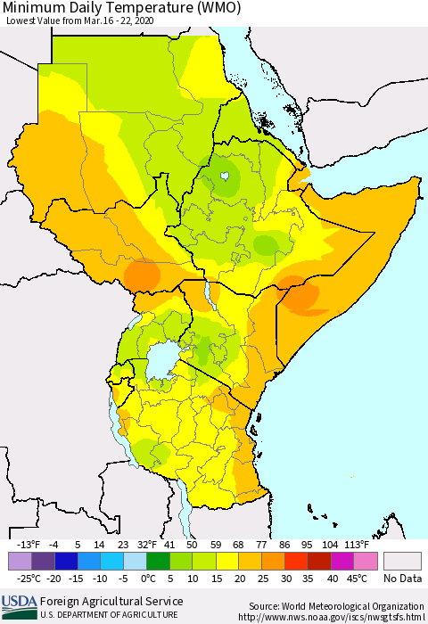Eastern Africa Minimum Daily Temperature (WMO) Thematic Map For 3/16/2020 - 3/22/2020