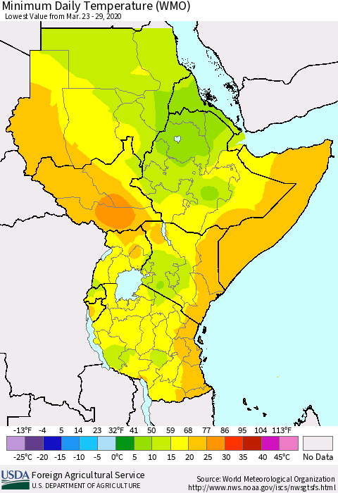 Eastern Africa Minimum Daily Temperature (WMO) Thematic Map For 3/23/2020 - 3/29/2020