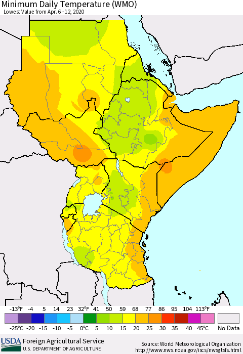 Eastern Africa Minimum Daily Temperature (WMO) Thematic Map For 4/6/2020 - 4/12/2020