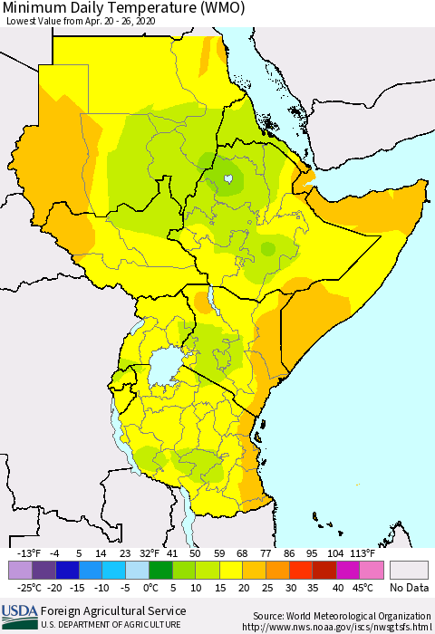 Eastern Africa Minimum Daily Temperature (WMO) Thematic Map For 4/20/2020 - 4/26/2020