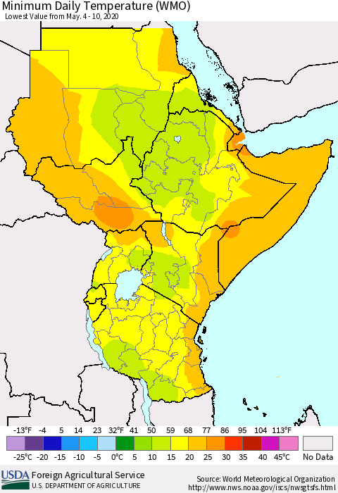 Eastern Africa Minimum Daily Temperature (WMO) Thematic Map For 5/4/2020 - 5/10/2020