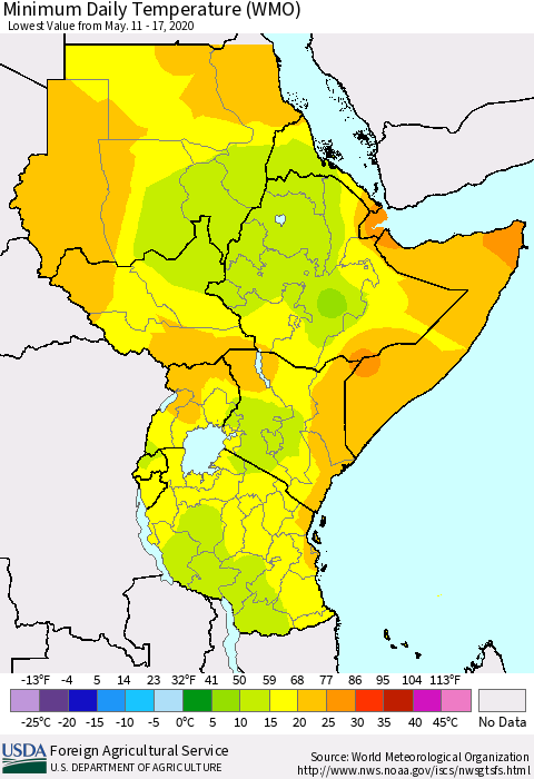 Eastern Africa Minimum Daily Temperature (WMO) Thematic Map For 5/11/2020 - 5/17/2020