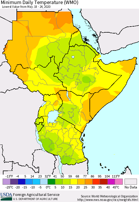 Eastern Africa Minimum Daily Temperature (WMO) Thematic Map For 5/18/2020 - 5/24/2020
