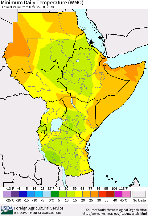 Eastern Africa Minimum Daily Temperature (WMO) Thematic Map For 5/25/2020 - 5/31/2020